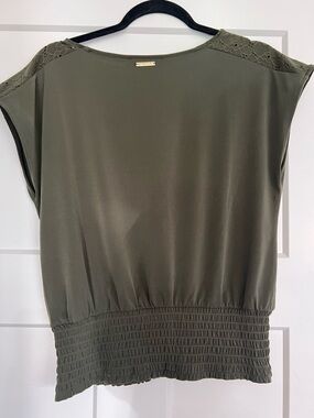 Michael Kors Olive Green Women's Top with Lace Shoulder Detail